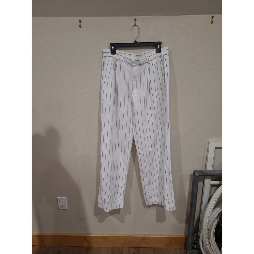 GAP Women SZ 12 White Navy Pinstripe Linen wide leg hi rise Pants Coastal office